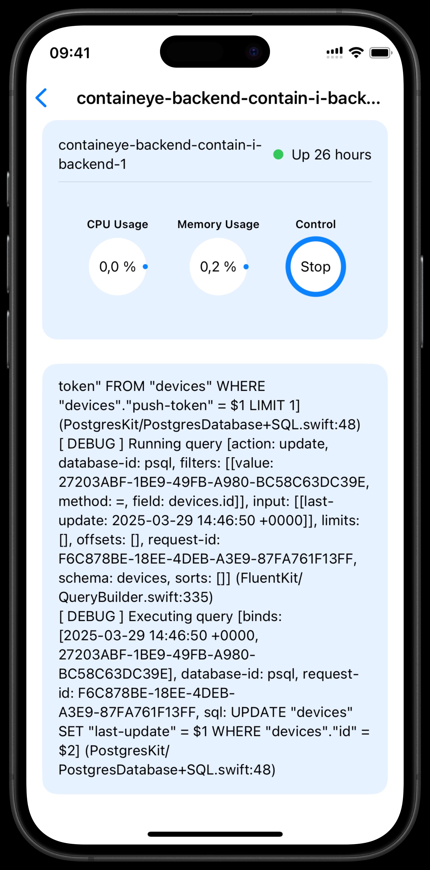 Container details with logs