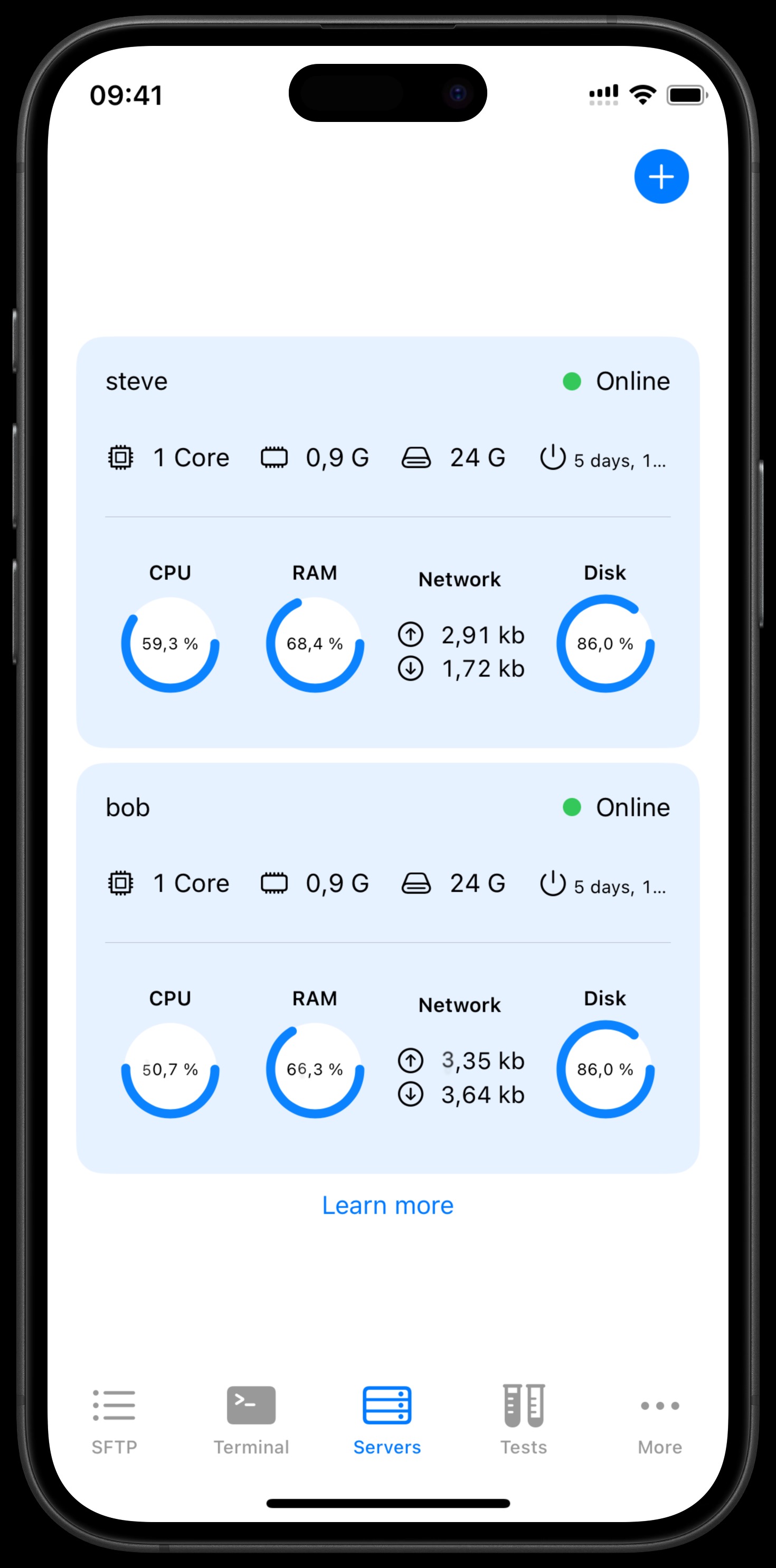 Servers overview with live stats